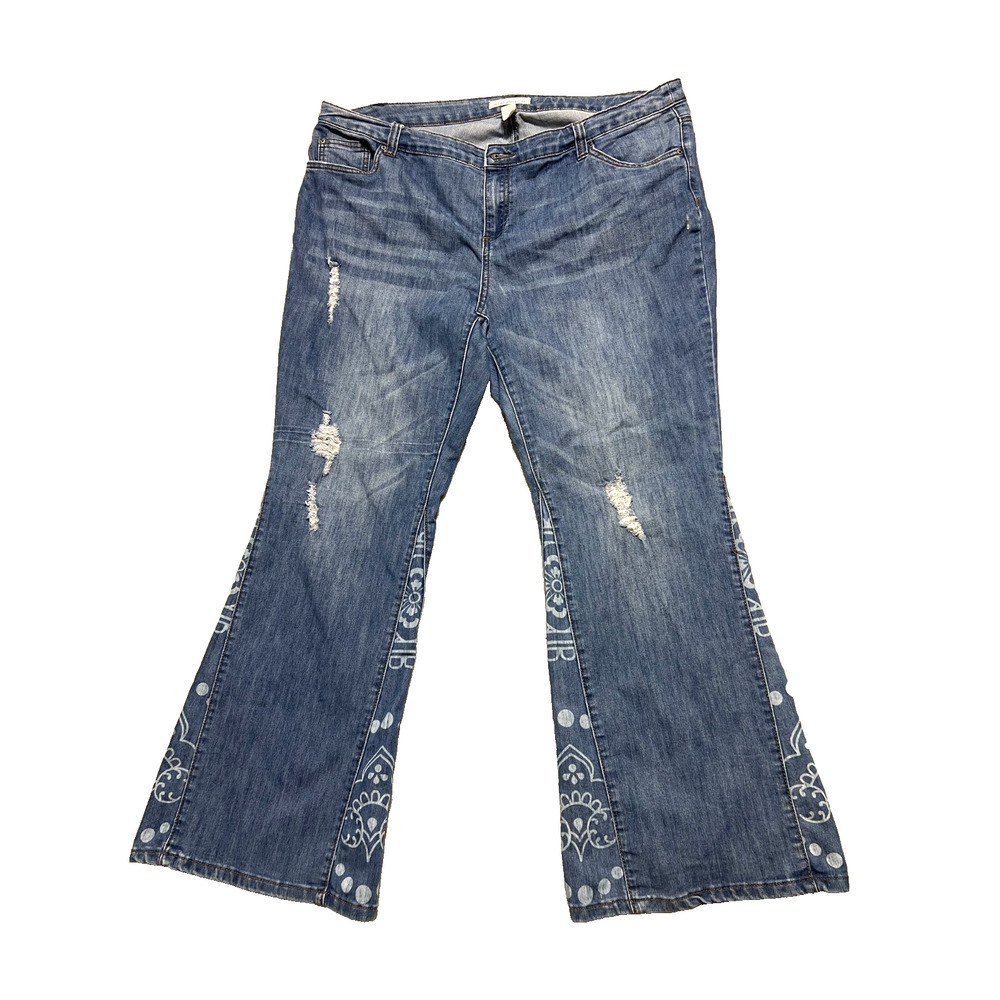 Indigo Thread Co Women's 18W Flare Jeans Boho Patchwork Distressed Stretch Denim